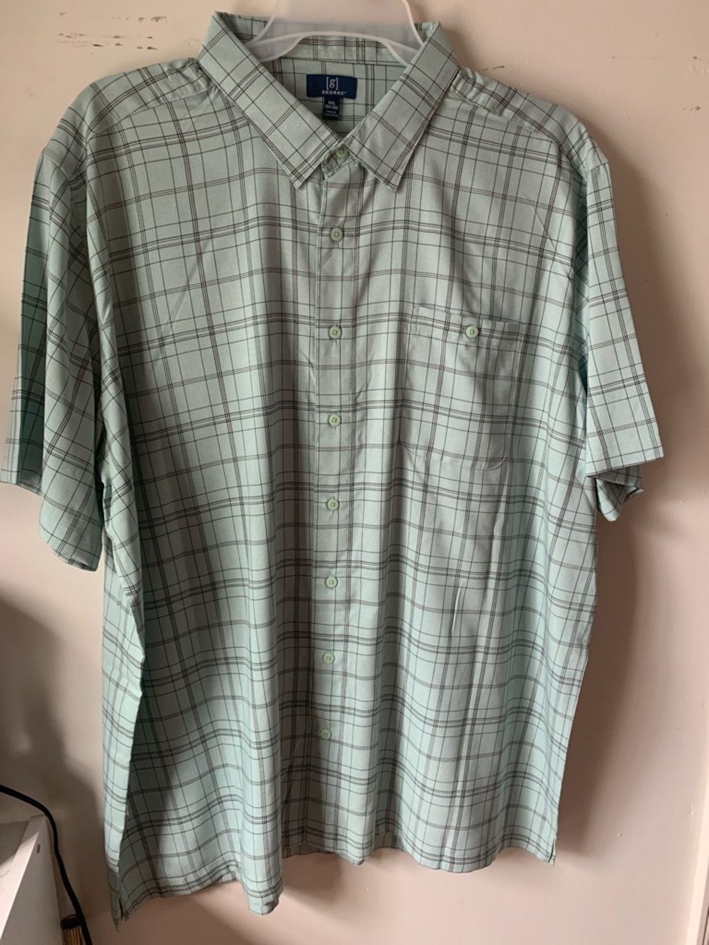 George Mint Green Plaid Short Sleeve Button-Down Shirt with Gray Lines